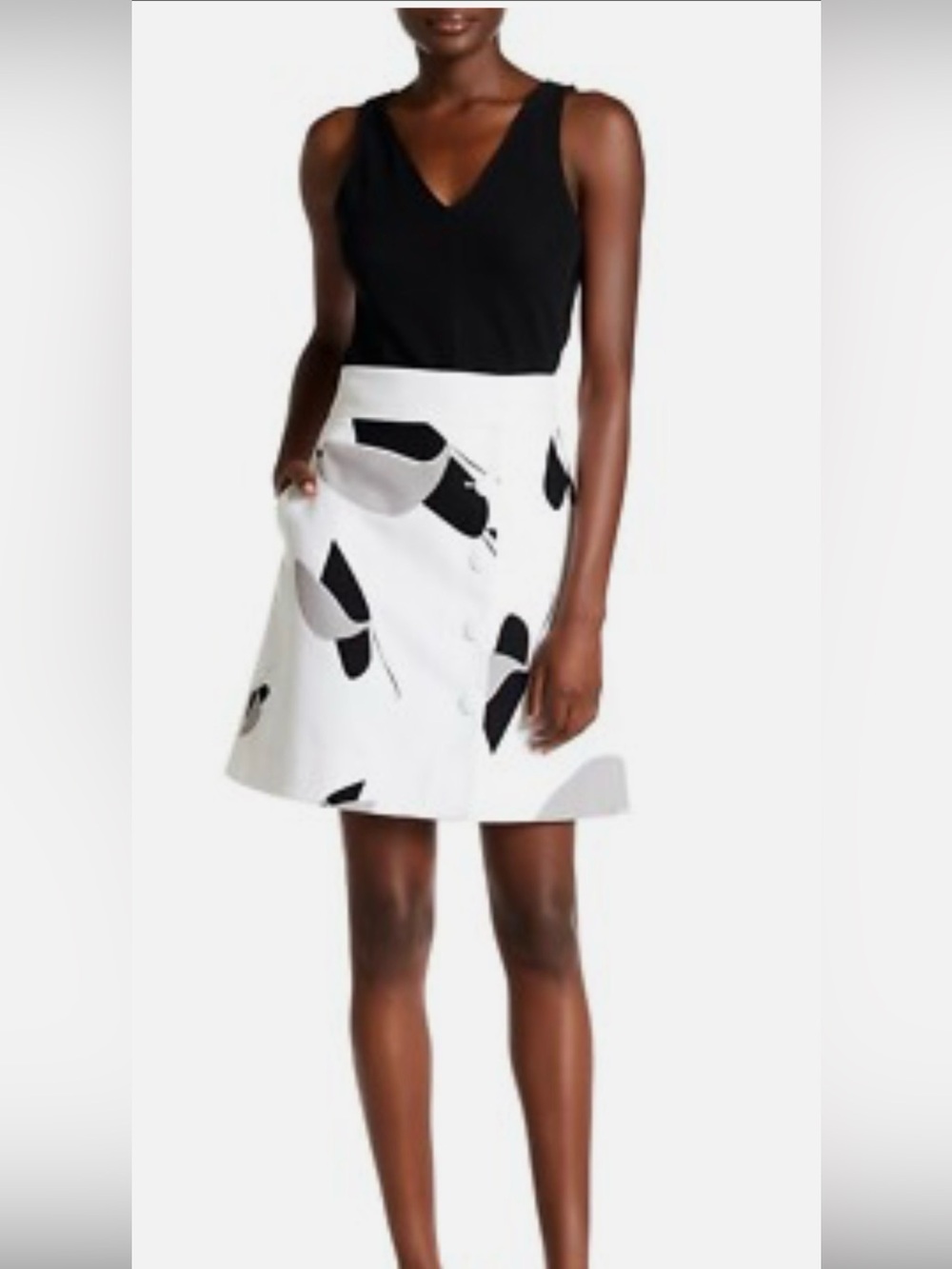 Tibi Ivory A-Line Skirt with by Black & Gray Leaf Print